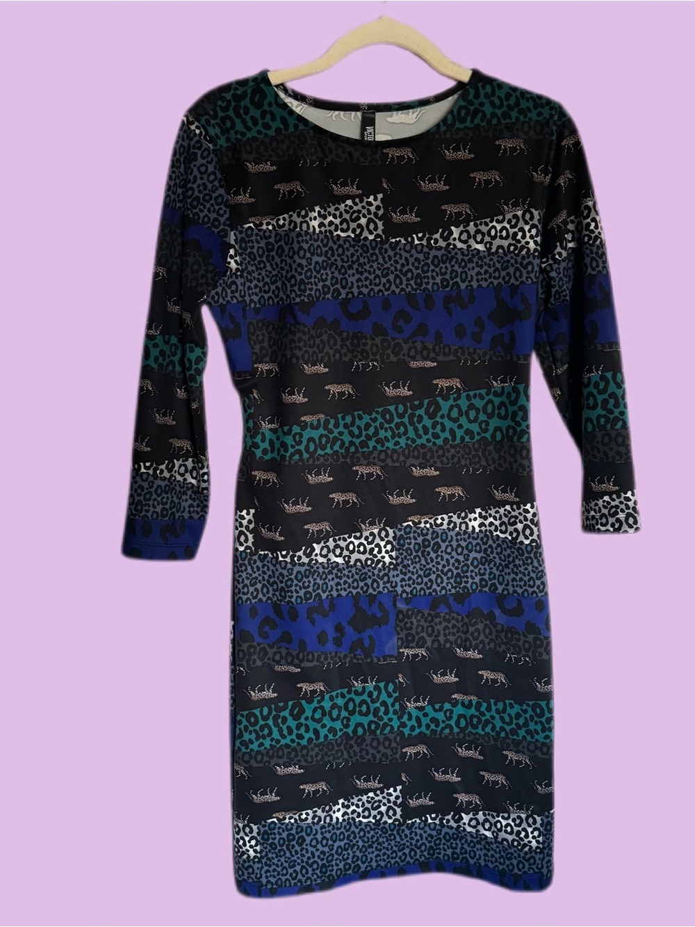 Victoria's Secret Black, Teal & Blue Animal-Print Long Sleeve Sheath Dress